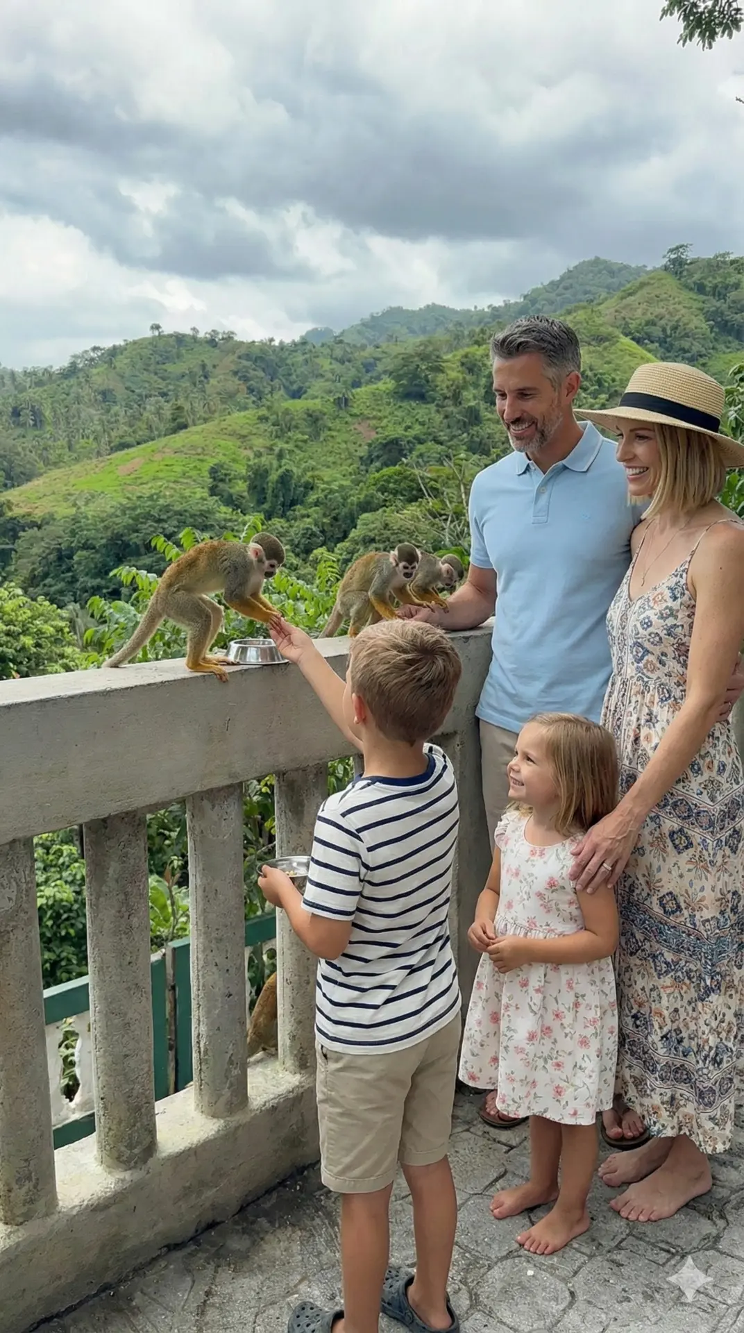 Kid feeding monkeys at MonkeyLand, with a beautiful mountain landscape in the background