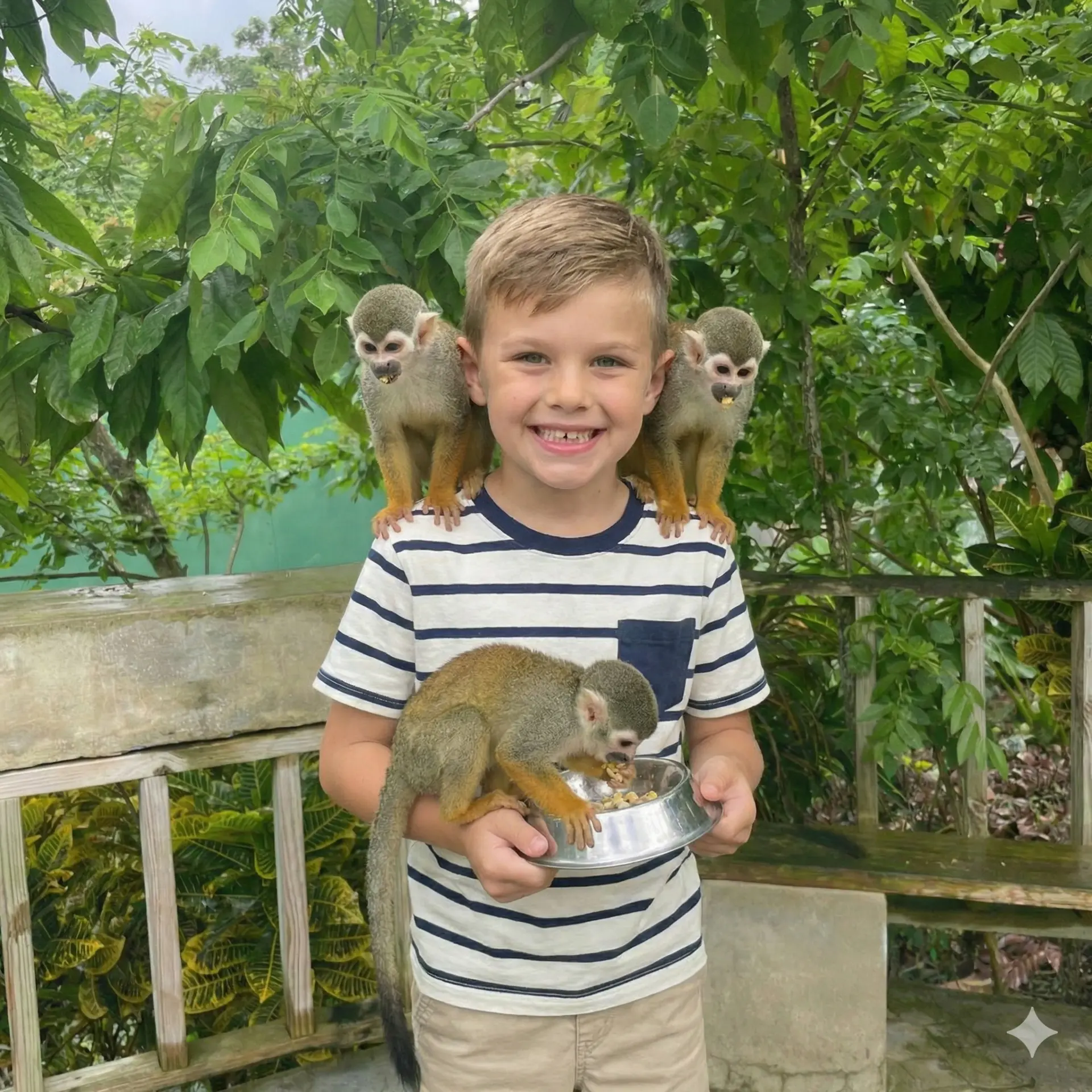 Little boy smiling with several monkeys