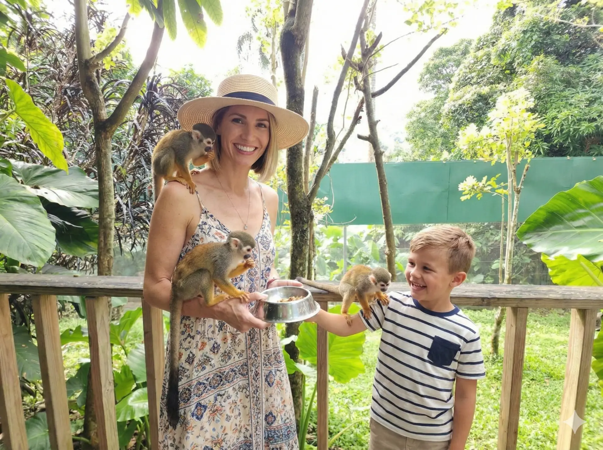 Mother and son feeding some monkeys at MonkeyLand